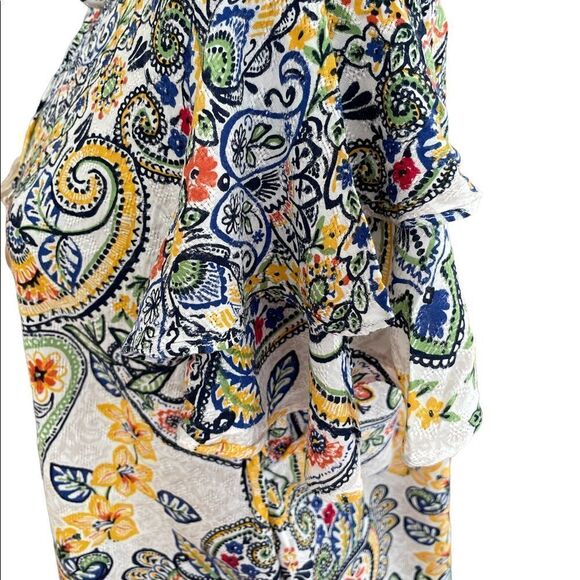 Rafaella colorful print blouse with double flutter sleeves,  keyhole tassel tie - Picture 4 of 8